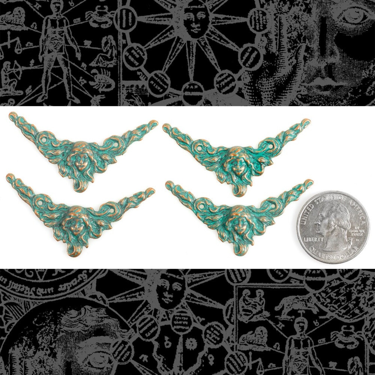 Verdigris Finished Brass Woman with Flowing Hair Vintage Art Deco Corners or Connectors - Set of Four - V-2C54